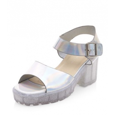 Teens Silver Glitter Chunky Jelly Block Heel Sandals