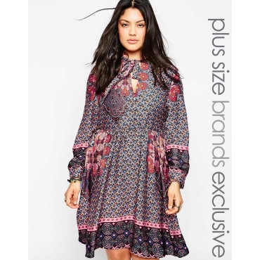 Alice & You - Bedrucktes Skaterkleid mit Schal am Ausschnitt - Mehrfarbig 