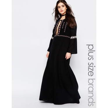 Alice & You - Folk-Maxikleid mit Stickerei - Schwarz 