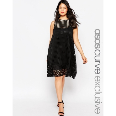 ASOS CURVE - Ausgestelltes Kleid mit Gitterdesign - Schwarz 