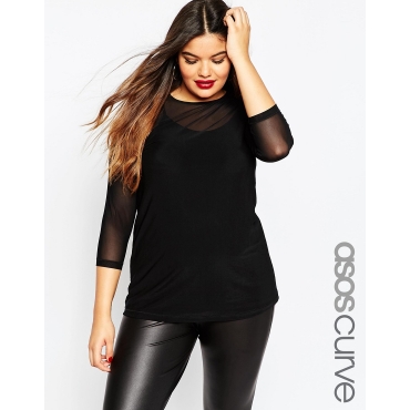ASOS CURVE - Ausgestelltes Netzstoff-Oberteil mit Camisole - Schwarz 
