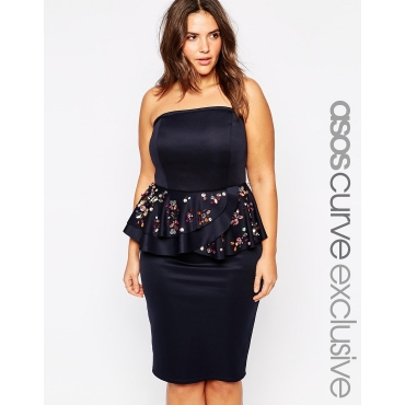ASOS CURVE Bandeau Dress with Jewel Peplum - Marineblau 