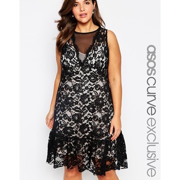 ASOS CURVE - Exklusives Spitzenkleid mit Schößchen und tiefem V-Ausschnitt 