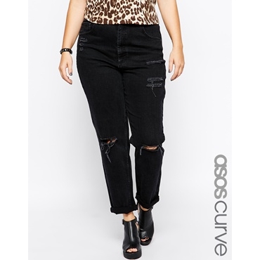 ASOS CURVE - Farleigh - Schmale Mom-Jeans in verwaschenem Schwarz mit Zierrissen an den Knien - Verwaschenes Schwarz 