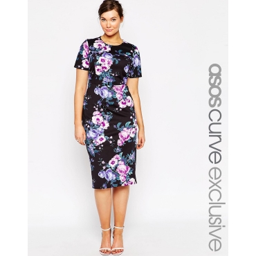 ASOS CURVE - Figurbetontes Scuba-Kleid mit Orchideen-Print - Mehrfarbig 