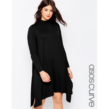 ASOS CURVE - Hoch geschlossenes Swing-Kleid mit Zipfelsaum - Schwarz 