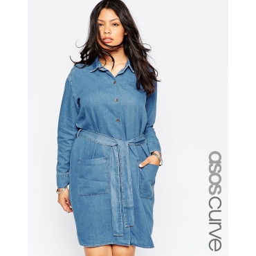 ASOS CURVE - Jeans-Hemdkleid mit Gürtel - Blau 
