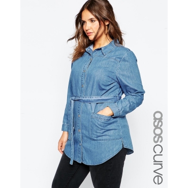 ASOS CURVE - Jeanshemd mit Gürtel - Blau 