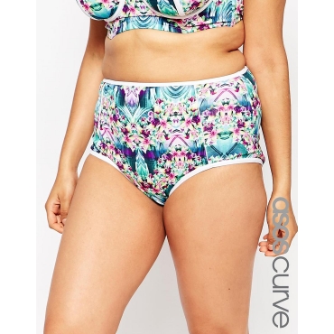 ASOS CURVE - Kontrastierende Bikinihose mit hohem Bund, Stützfunktion und Schmuckstein-Print - Druck 