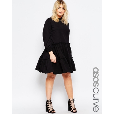 ASOS CURVE - Langärmliges gestuftes Hängerkleid - Schwarz 