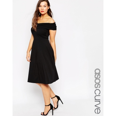 ASOS CURVE - Midi-Skaterkleid mit überkreuzter Bardot-Schulterpartie - Schwarz 