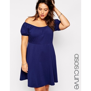 ASOS CURVE - Mini-Skaterkleid mit schulterfreiem Carmenausschnitt - Marineblau 