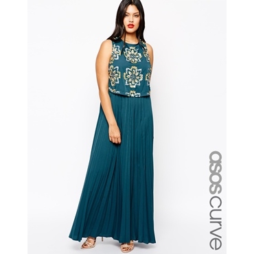 ASOS CURVE - RED CARPET - Exklusives Maxikleid mit plissiertem Rock und Schmuckbesatz am Oberteil - Grün 