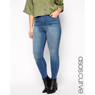 ASOS CURVE - Ridley - Jeans in Melbourne-Waschung mit zerissenen Knien - Blau 