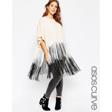 ASOS CURVE - Strukturierter Poncho mit Fransen in Batikoptik - Nude 