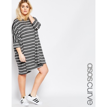 ASOS CURVE - Übergroßes T-Shirt-Kleid mit Streifen - Grau/Elfenbein 