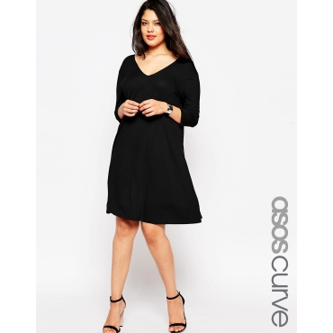 ASOS CURVE - Weites Kleid mit V-Ausschnitt und dreiviertel langen Ärmeln - Schwarz 
