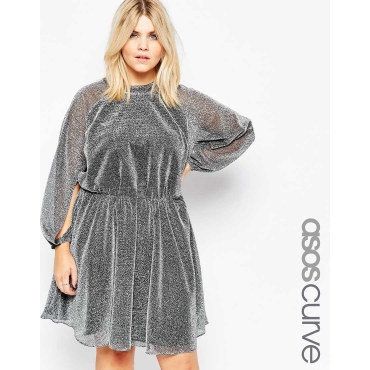 ASOS - Glitzer-Skaterkleid mit Blouson-Ärmeln - Silber 