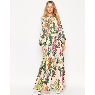 ASOS - Kaftan-Maxikleid mit botanischem Print im Stil der 70er und Schlüssellochausschnitt - Nude-bunt 