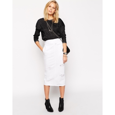ASOS - Weißer, mittellanger Jeansrock mit hoher Taille und Zierrissen - Weiß 