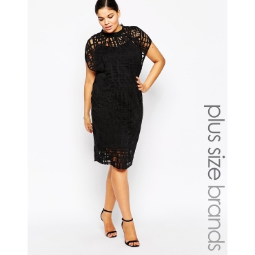 Carmakoma - Cage - T-Shirtkleid mit hohem Kragen und Lagendesign mit Netzstoff - Schwarz 