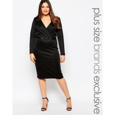 Club L - Plus - Mittellanges Kleid mti tiefem Ausschnitt und Gürtel - Schwarz 