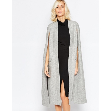 Lavish Alice - Kragenloser Cape-Wollmantel - Grau 