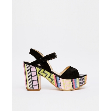 Love Moschino - Absatzsandalen aus schwarzem Wildleder mit bunter Webverzierung