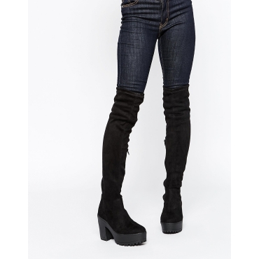 Truffle Collection - Nora - Overknee-Stiefel mit Plateausohle - Schwarzes Wildleder 