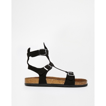 YRU - Isis - Flache Römersandalen mit Fußbett - Schwarz 