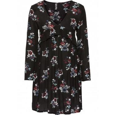 Kleid mit tiefem Ausschnitt und Volants langarm  in schwarz von bonprix 