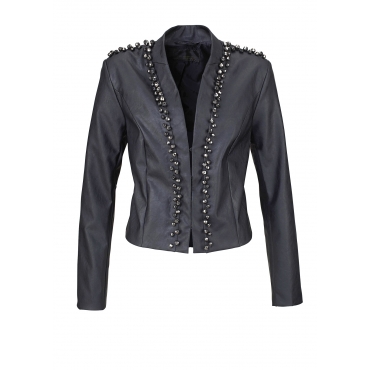 Premium Lederimitat-Jacke mit Ziersteinen langarm  in schwarz für Damen von bonprix 