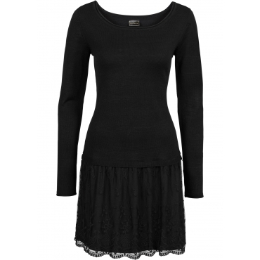 Strickkleid mit Spitzenrock langarm  in schwarz für Damen von bonprix 