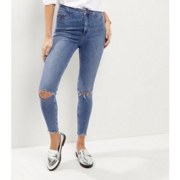 Blaue High Waist Skinny Jeans mit zerrissenen Knien 