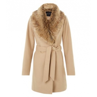 Camel Faux Fur Collar Belted Coat 