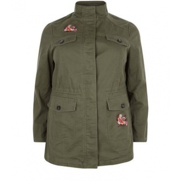 Curves – Khakifarbene Hemdjacke mit Tigerstickerei 