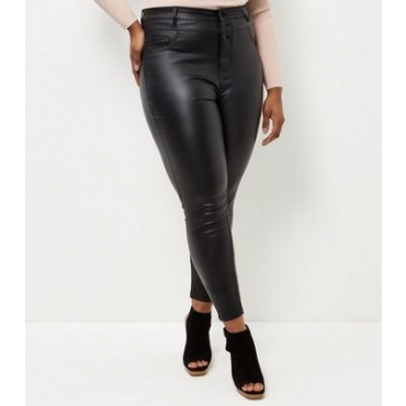 Curves – Schwarze, beschichtete Skinny Jeans mit hohem Bund 