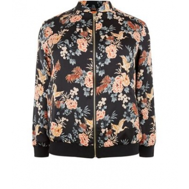 Curves – Schwarze Satinbomberjacke mit Blumenmuster 