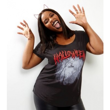 Curves – Schwarzes T-Shirt mit Halloween-Aufdruck und abfallendem Saum 
