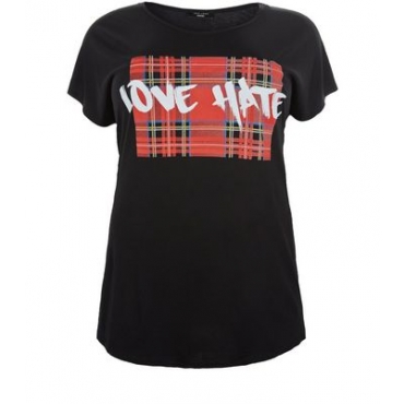 Curves – Schwarzes T-Shirt mit kariertem Einsatz und „Love Hate“-Aufdruck 