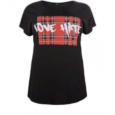 Curves – Schwarzes T-Shirt mit kariertem Einsatz und „Love Hate“-Aufdruck 