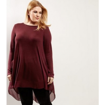 Curves - Weinrotes Long-Top mit Chiffon-Besatz 