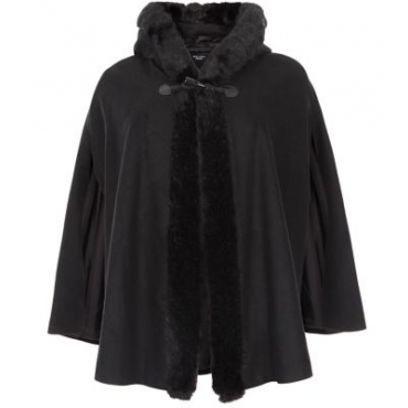Plus Size Black Faux Fur Trim Hooded Cape 