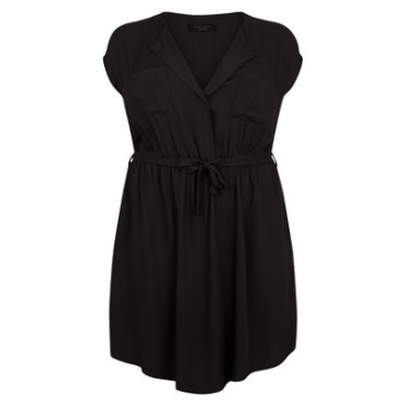 Plus Size Black Tie Waist Shirt Dress 