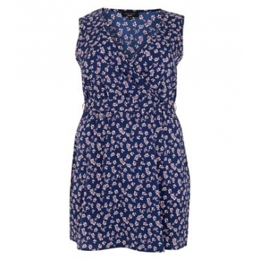 Plus Size Blue Sleeveless Folk Print Wrap Dress 