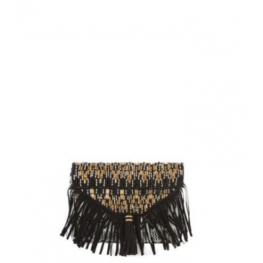 Schwarze Clutch mit Aztekenmuster, Perlen und Fransenbesatz 