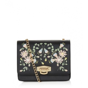 Schwarze Schultertasche mit aufgesticktem Blumenmuster und Ketten-Schulterriemen 