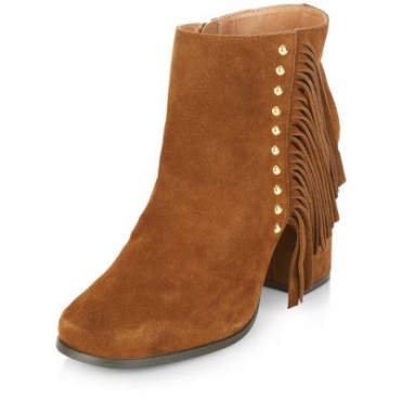 Tan Suede Stud Fringe Trim Block Heel Ankle Boots 