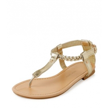 Teens Gold Plaited T-Bar Sandals 