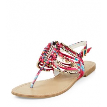 Wide Fit Bright Pink Tribal Strappy Beaded Sandals 
